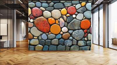 Vibrant Mosaic Pathway Art, showcasing intricate pebble designs creating a stunning visual journey through a garden space. Wall mural