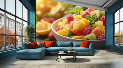 Vibrant tropical fruit medley in a bowl, sunlit picnic ambiance, soft blurred background, inviting summer gathering atmosphere Wall mural