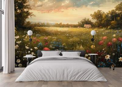 vintage painting of a field of beautiful flowers, farmhouse in the distance, dark cottagecore aesthetic Wall mural