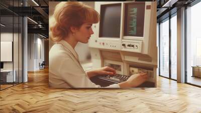 woman working with 1980s computer Wall mural