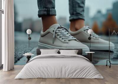 Stylish neutral gray sneakers for urban vibes Wall mural