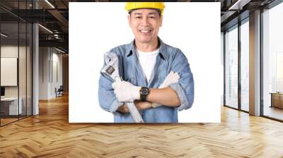 Asian tradesman holding adjustable wrench and crossed arms isolated on white background. Wall mural