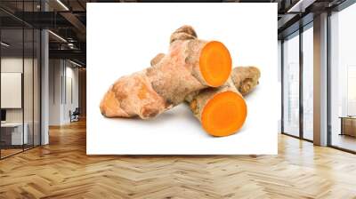 Close-up Turmeric (Curcuma longa Linn)  rhizome (root) cutting isolated on white background. Wall mural