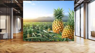 Close-up two pineapple fruits in pineapple farming. Wall mural