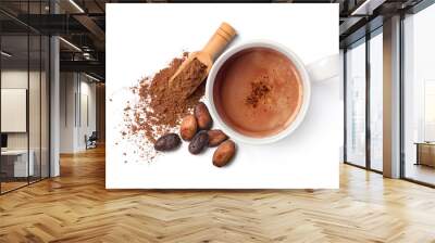 Cocoa drink with cocoa powder and beans isolated on white background. Wall mural