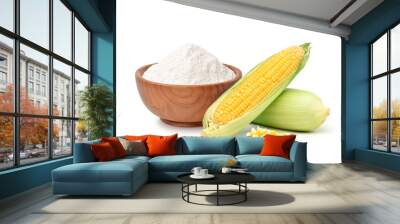 Corn starch in wooden bowl with fresh corn isolated on white background. Wall mural