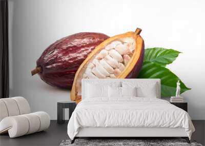 Dark red cocoa pods with half sliced and dried beans isolated on white background. Wall mural