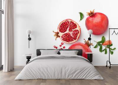 flat lay of ripe pomegranate with cut in half isolated on white background. Wall mural