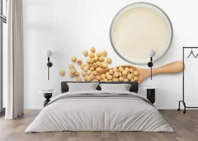 Flay lay of Soy milk with soybeans isolated on white background. Wall mural