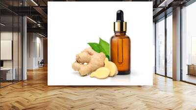 Ginger essential oil extract with  rhizome sliced isolated on white background. Wall mural