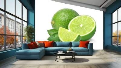 Green lime with cut in half and slices isolated on white background. Wall mural