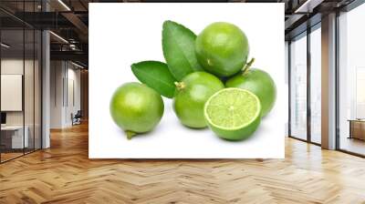 Natural  fresh lime with half slice and green leaf isolated on white background. Wall mural