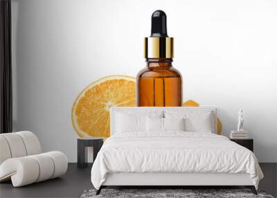 Orange essential oil with orange fruit  and peel isolated on white background. Wall mural