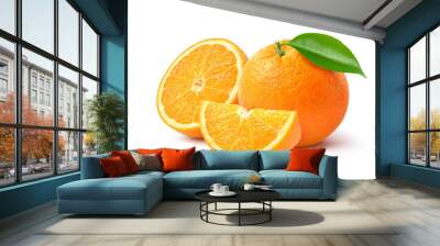 Orange fruit with cut in half and slices isolated on white background. Clipping path. Wall mural