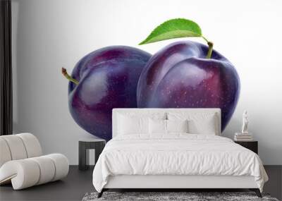 Pair of purple Plums with leaf isolated on white background. Wall mural