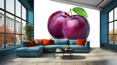 Pair of purple Plums with leaf isolated on white background. Wall mural