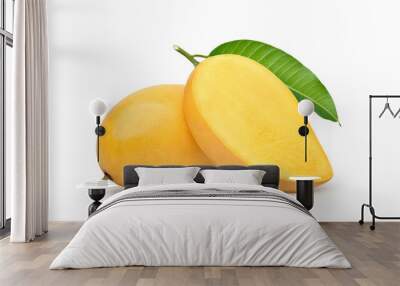 Ripe Mango with cut in half and green leaf isolated on white background. Clipping path. Wall mural