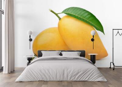 Ripe Mango with green leaf isolated on white background. Clipping path. Wall mural