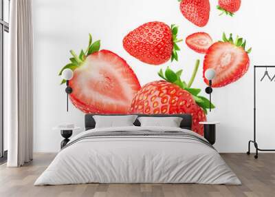 Strawberry with cut in half levitate isolated on white background. Clipping path. Wall mural