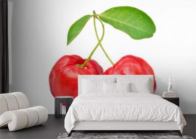 Two Juicy red Acerola cherry fruits  with green leaf isolated on white background. Clipping path. Wall mural