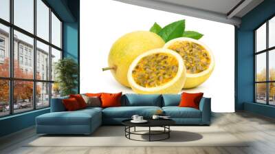 Yellow  passion fruit with cut in half and green leaf isolated on white background.. Wall mural