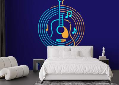 Acoustic guitar, music note with line staff circle shape logo icon outline stroke set dash line design illustration isolated on dark blue background with guitar text and copy space Wall mural