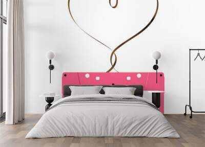 Compact audio cassette pink color and Love heart sign shape made from analog magnetic audio tape illustration on white background, with copy space Wall mural