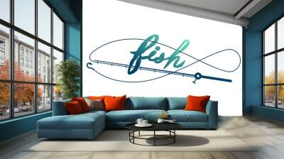 Fish shape made from Fishing rod frame, logo icon set design green and dark blue gradient color illustration isolated on white background with Fish text brush style and copy space Wall mural