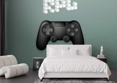 Gamepad or joypad black color and RPG pixel text symbol, design illustration isolated on green gradient background, with copy space Wall mural