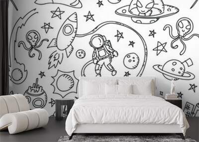 Seamless pattern background Astronaut in Space kids hand drawing set illustration isolated on white background Wall mural