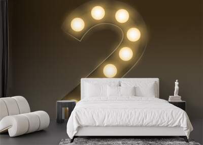 The letter number two or 2, in the alphabet Incandescent light bulb box set, illustration retro 3D style isolated glow in dark background Wall mural