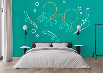 Two Octopus, Water splash and Air bubble logo icon outline stroke set dash line design illustration isolated on green turquoise background with Octopus text and copy space Wall mural