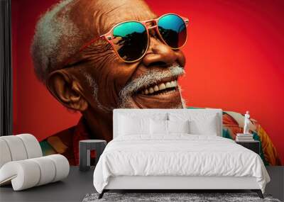 African American old retirement man wearing sunglasses and modern fashionable clothes. Studio shot portrait over red background. Generative AI Wall mural