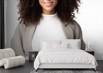 Afro American woman posing causal with coffee to go over isolated white transparent Wall mural