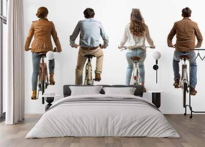 Back view of men and women using bicycle over isolated transparent background Wall mural