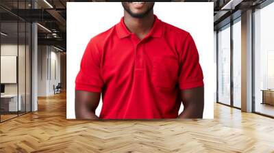 Black man in his 30s wearing a red polo shirt as job uniform, smiling confidently, exuding friendliness Wall mural