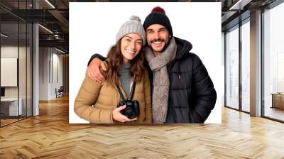 Casual portrait of couple holding digital camera ready for winter holidays. Isolated over white transparent background Wall mural