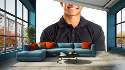 Cheerful 18-year-old Polynesian man wearing job uniform with black polo t-shirt Wall mural