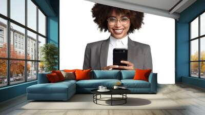 Cheerful Afro-American businesswoman using mobile phone over white transparent background Wall mural