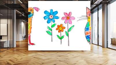 Child crayon drawing set of a dog, flowers and a cat. White and transparent background Wall mural