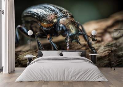 Close up shot of a beetle on a tree trunk with details. Generative AI shot Wall mural