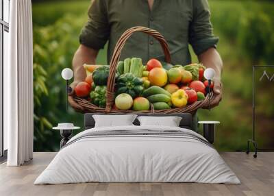 Close up shot of man holding wicker basket full of fresh organic vegetables from the garden. Generative AI Wall mural