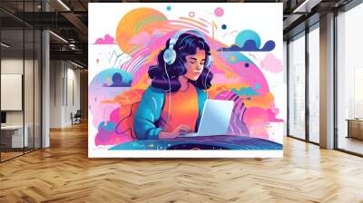 Colorful illustration of girl wearing headphones while using laptop. Generative AI Wall mural