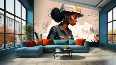 Empowered black woman engineer working at office wearing uniform and protective helmet. Generative AI illustration Wall mural