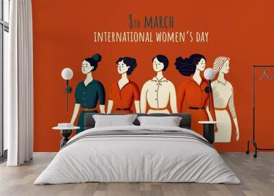 Empowered women standing together in row for the women's rights. Minimalist illustration banner for the International Women's Day. Woman empowerment movement concept. Generative AI illustration Wall mural