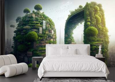 Futurities eco friendly buildings design. Generative AI illustration Wall mural