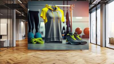 Gym kit of clothes and accessories. Sports wear concept. 3D style. Generative AI Illustration Wall mural