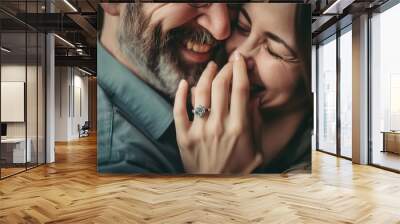 Happy couple after proposal. Close up shot to ring on woman's hand. Generative AI Wall mural