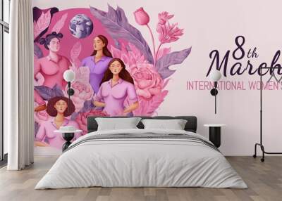 International women's day, 8th March. Colorful banner in pink and purple colors palette. Generative AI illustration Wall mural