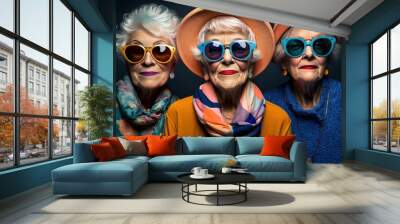 Mature retired women wearing modern colorful clothes and cool sunglasses. Generative AI Wall mural